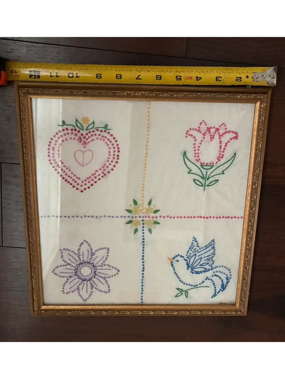 Vintage Hand Embroidered Folk Art Framed Textile – Bird, Flowers & Heart